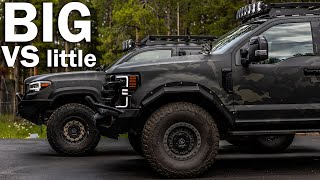 CHOOSING AN OVERLAND TRUCK  Big Truck VS Little Truck  Tacoma vs F250 Tremor [upl. by Ahserb]