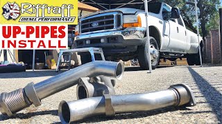 2001 F350 73  RiffRaff UpPipes Install  Stock up pipes leaking and falling apart JUNK SP [upl. by Ragouzis]