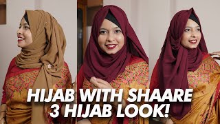 How To Style Hijab With Saree  3 Different Party Hijab Style  Khudalagse [upl. by Adalbert]